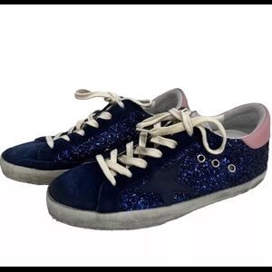 Golden Goose Super Star Sneakers Glitter & Suede Blue Antique Rose Size 39